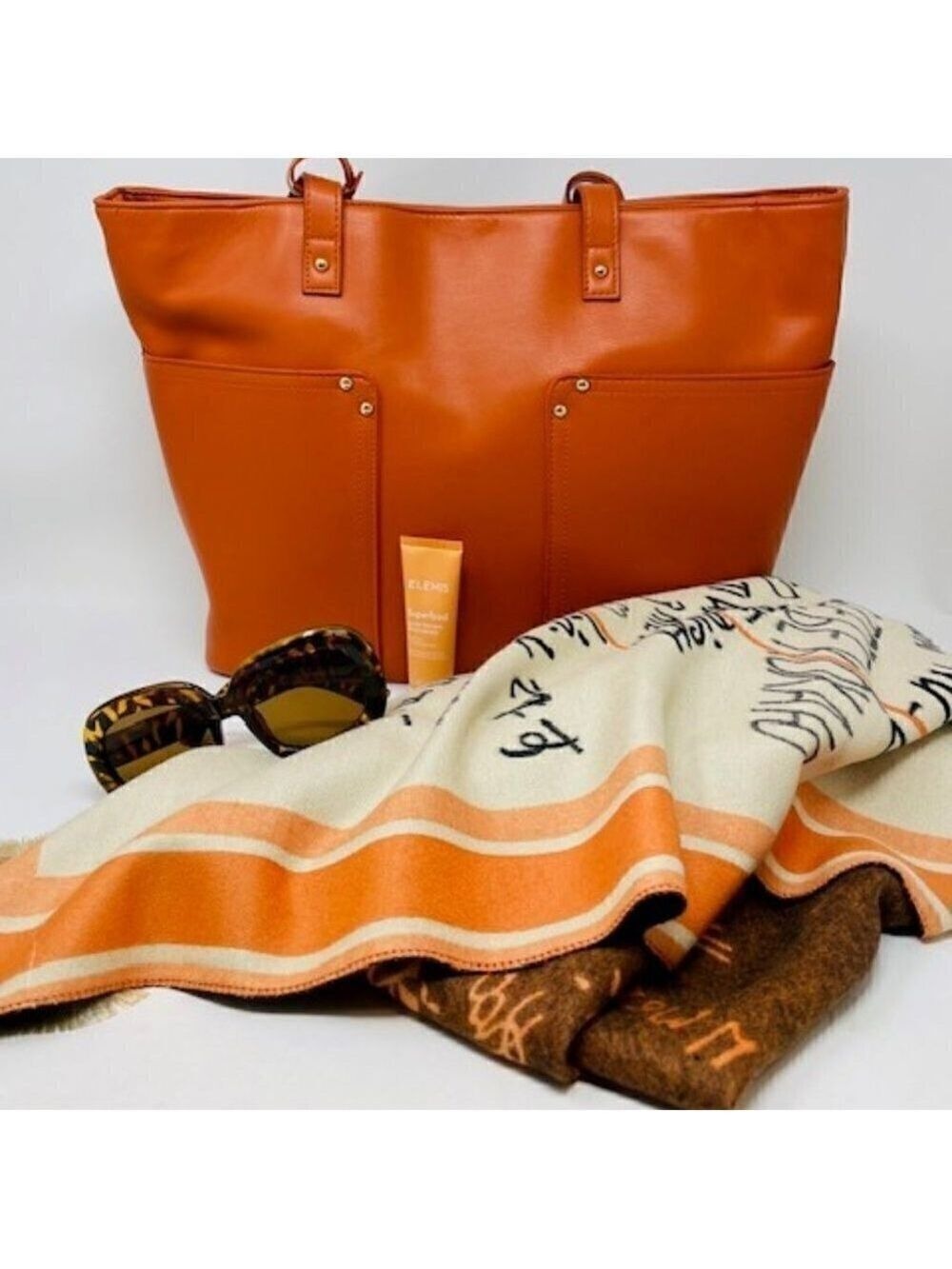 4 piece "Girl On The Go" set with Tote, Scarf, sunglasses and Elemis Superfood